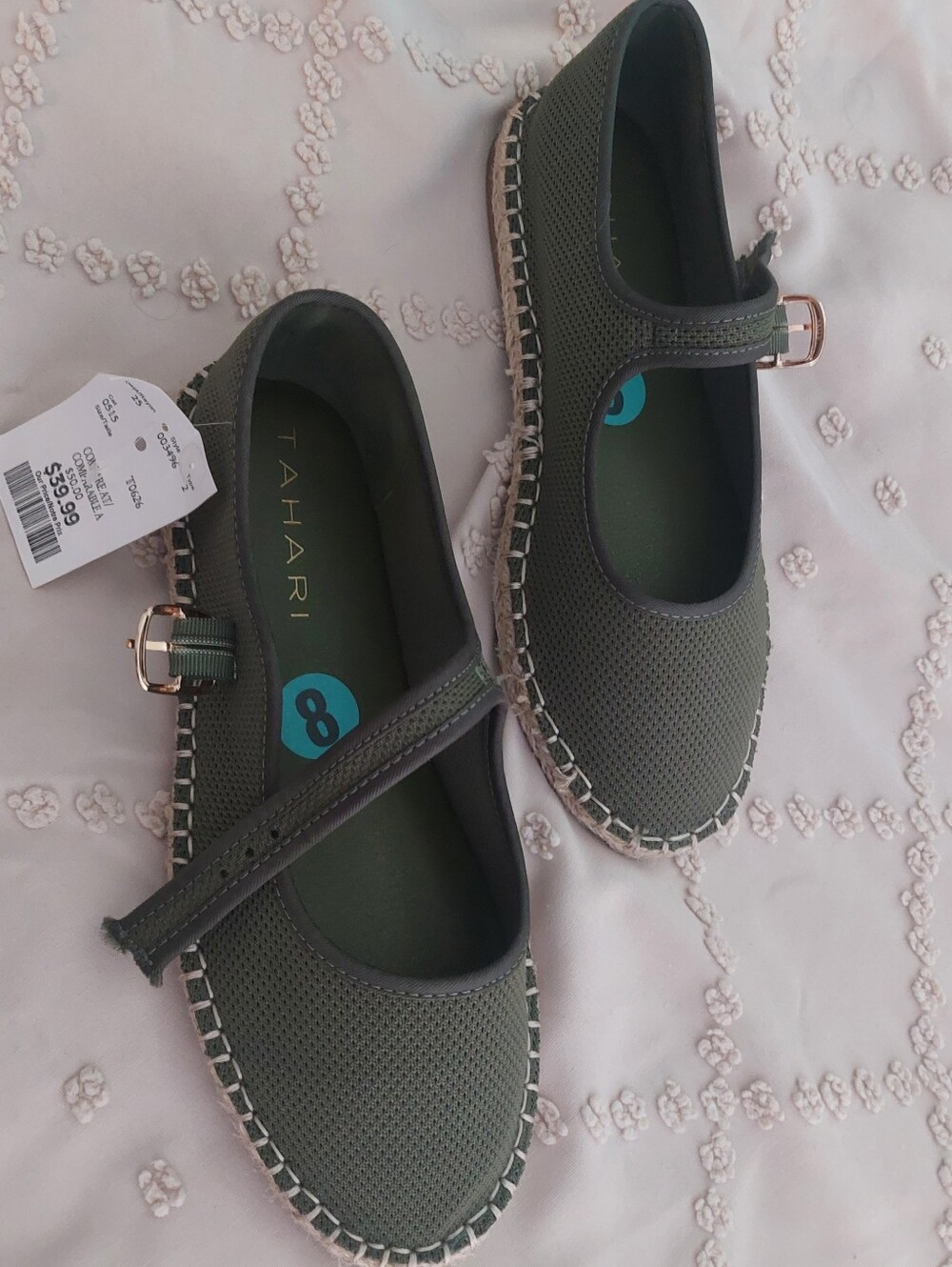 Tahari Olive Mary Jane Espadrille Flats with Gold Buckle